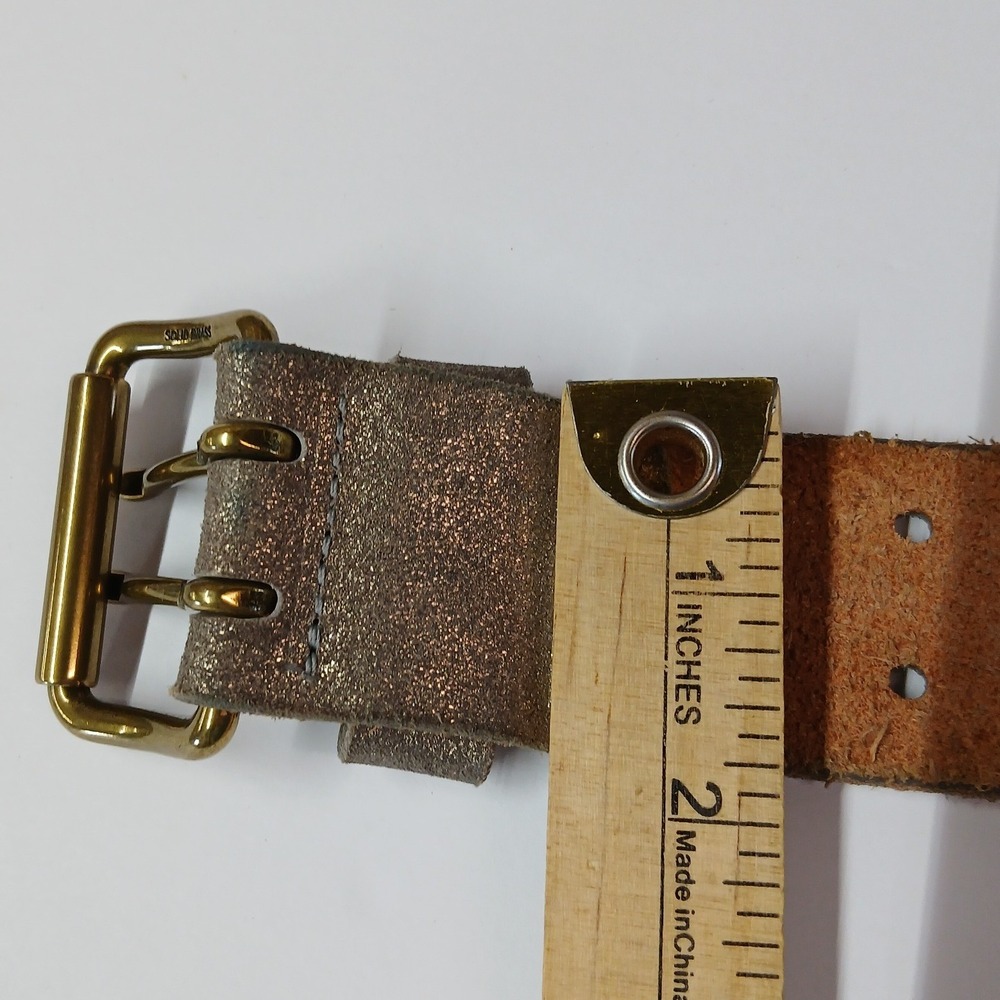 J. Crew Metallic Bronze Italian Leather Double Prong Brass Buckle Belt Wide - Picture 7 of 9